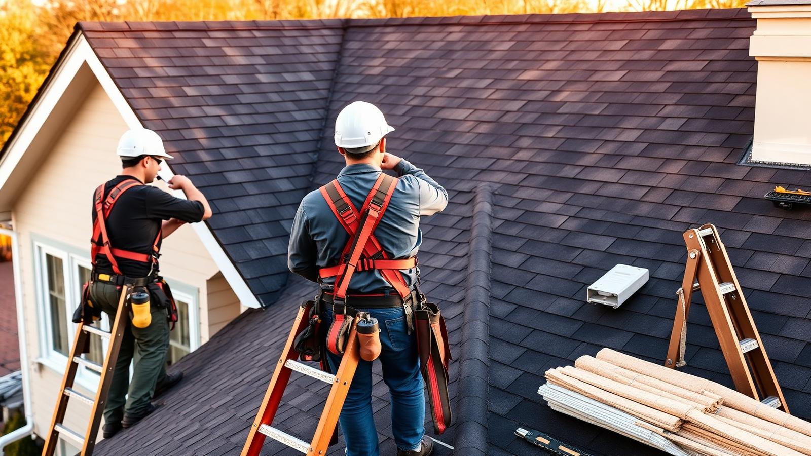 Professional roofing crew in safety harnesses installing dark architectural shingles on a residential roof