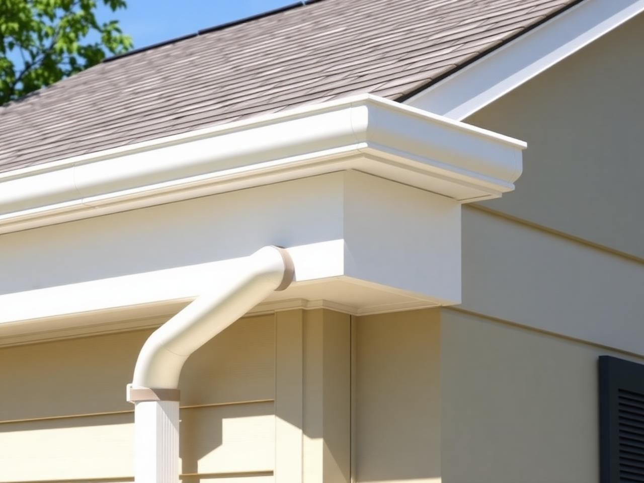 House eave with brand-new seamless white aluminum gutters and downspout on freshly painted fascia