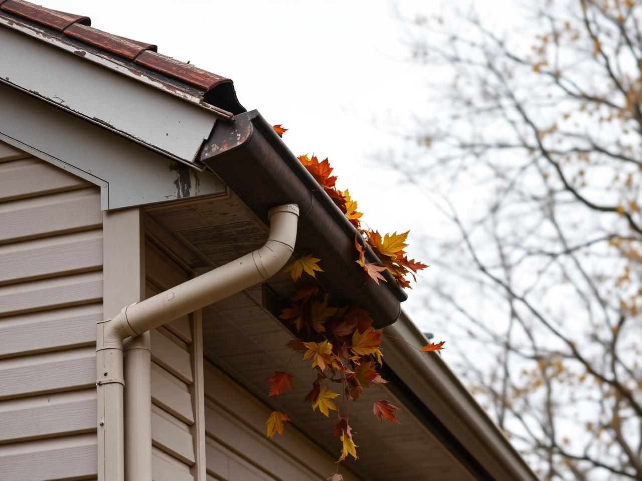 Old sagging rusted gutter overflowing with autumn leaves on a house eave with peeling fascia