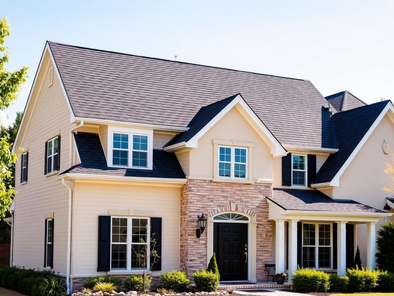 Two-story suburban house with a brand-new dark charcoal architectural shingle roof and crisp ridge lines
