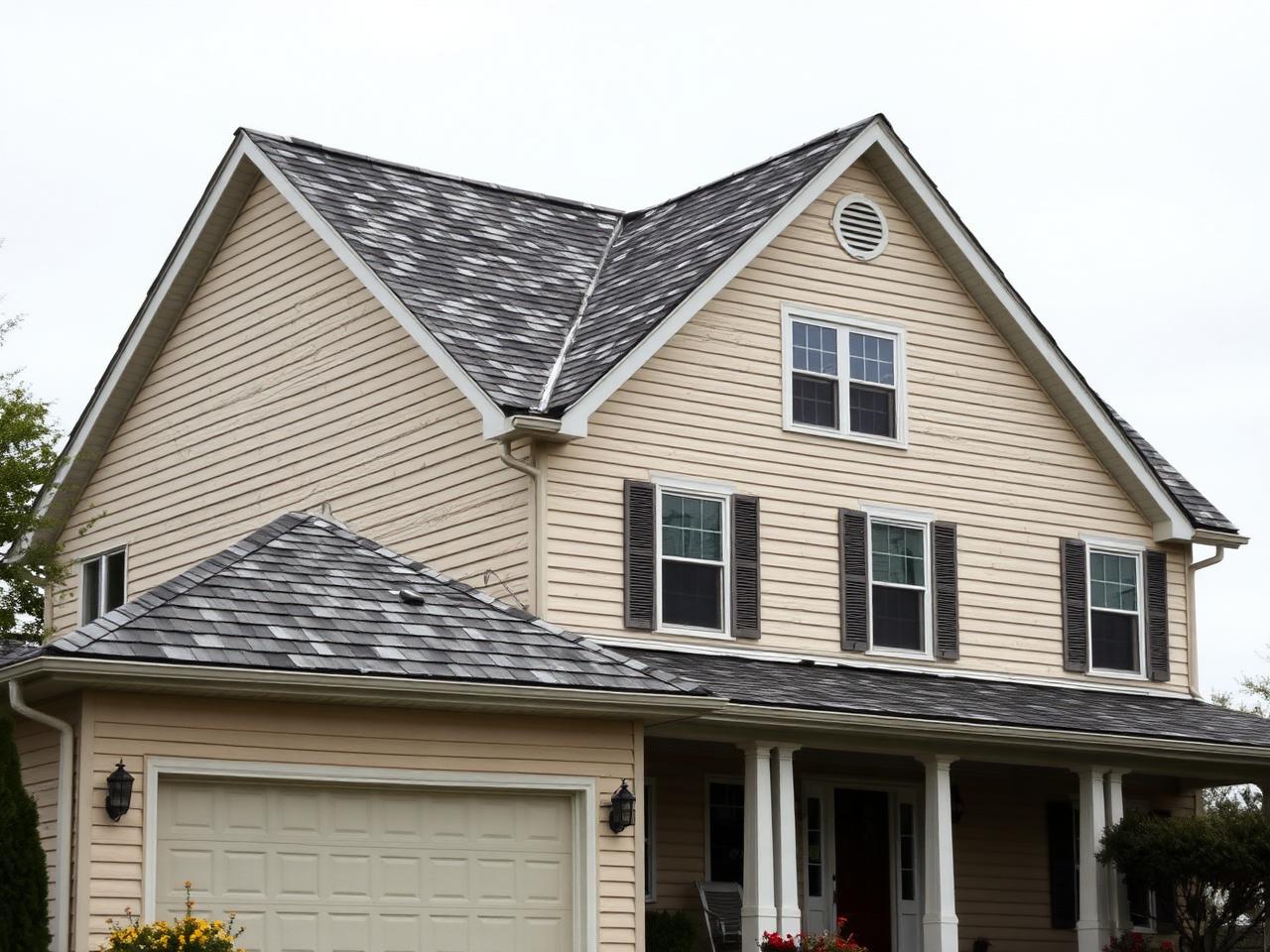 Two-story suburban house with an old, worn asphalt shingle roof showing dark streaks and missing shingles
