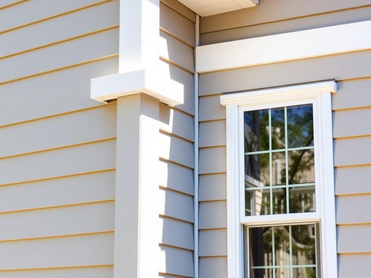 House wall with brand-new light gray vinyl siding, crisp white corner trim, and clean window casing