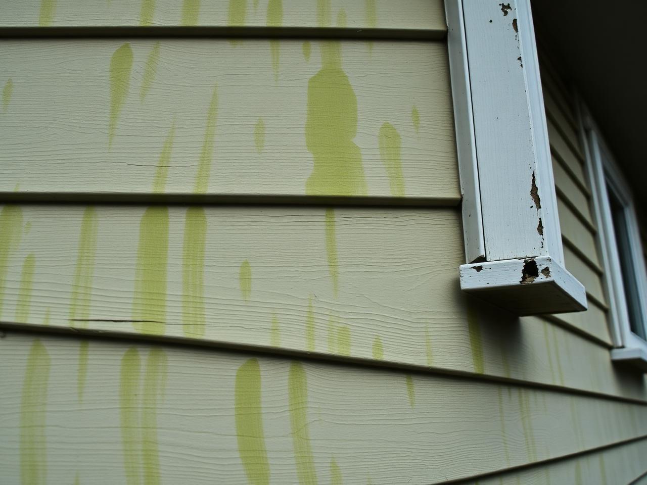 Close-up of old vinyl siding with green mildew streaks, warped panels, and cracked trim on a house wall